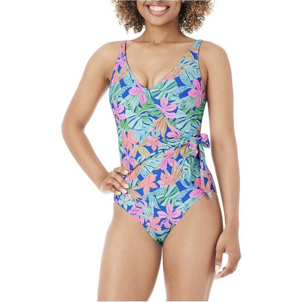Member's Mark One Piece Swimsuit Womens XL Blue Floral Wrap Side Tie Tropical